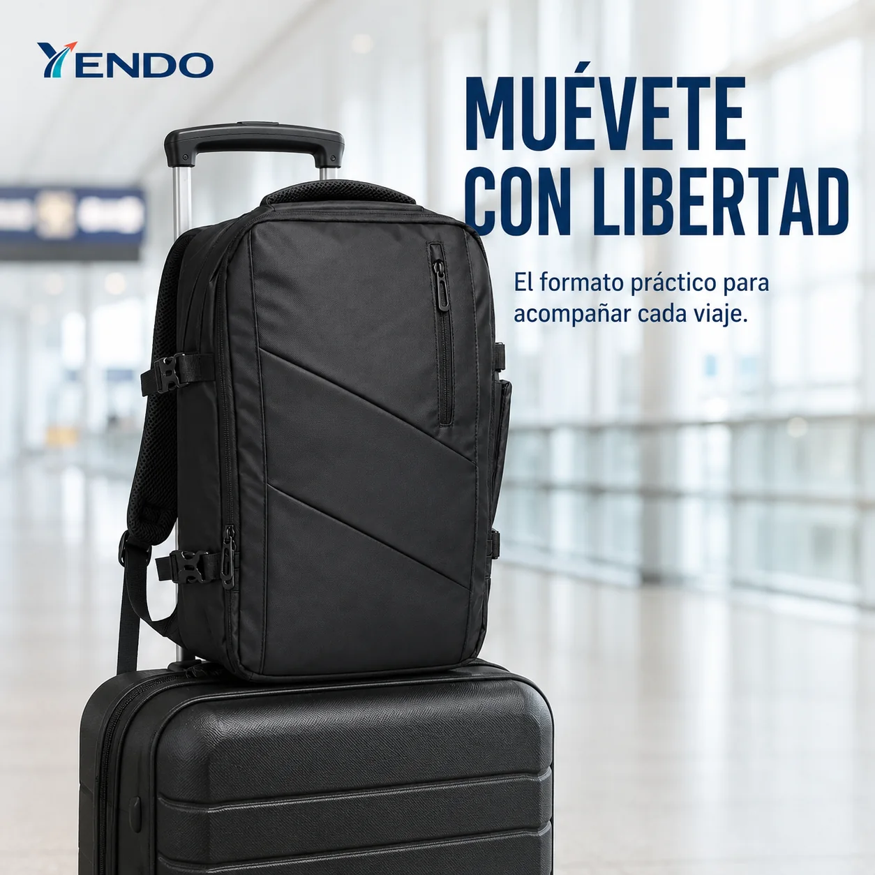 Mochila YENDO Express negra sobre una maleta en un aeropuerto