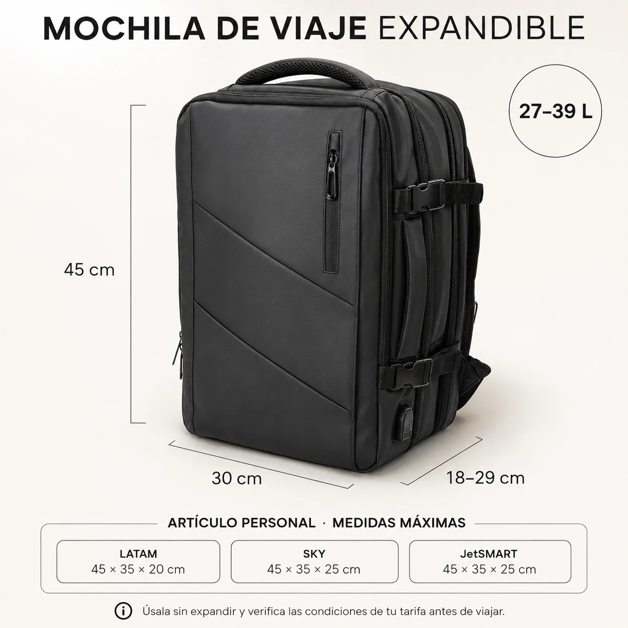 Medidas 45 por 30 por 18 a 29 centímetros y capacidad de 27 a 39 litros de YENDO Express
