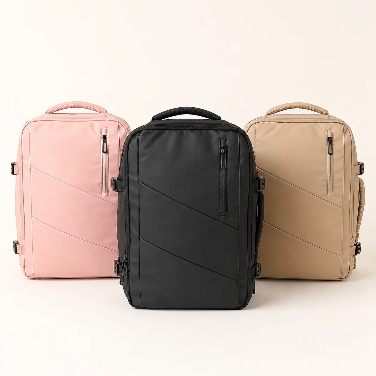 Mochila de viaje YENDO Express expandible en negro, beige arena y rosado