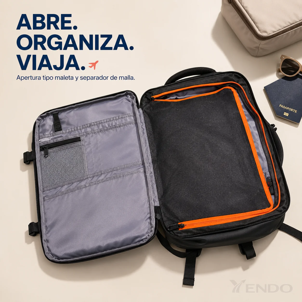 Mochila YENDO Pro abierta con separador de malla y compartimentos interiores