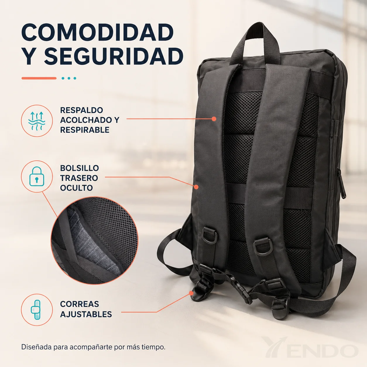 Respaldo acolchado, correas ajustables y bolsillo oculto de la mochila YENDO Pro