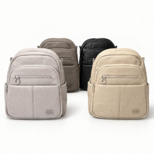 Mochila YENDO Paseo en gris claro, beige, topo y negro sobre fondo claro.